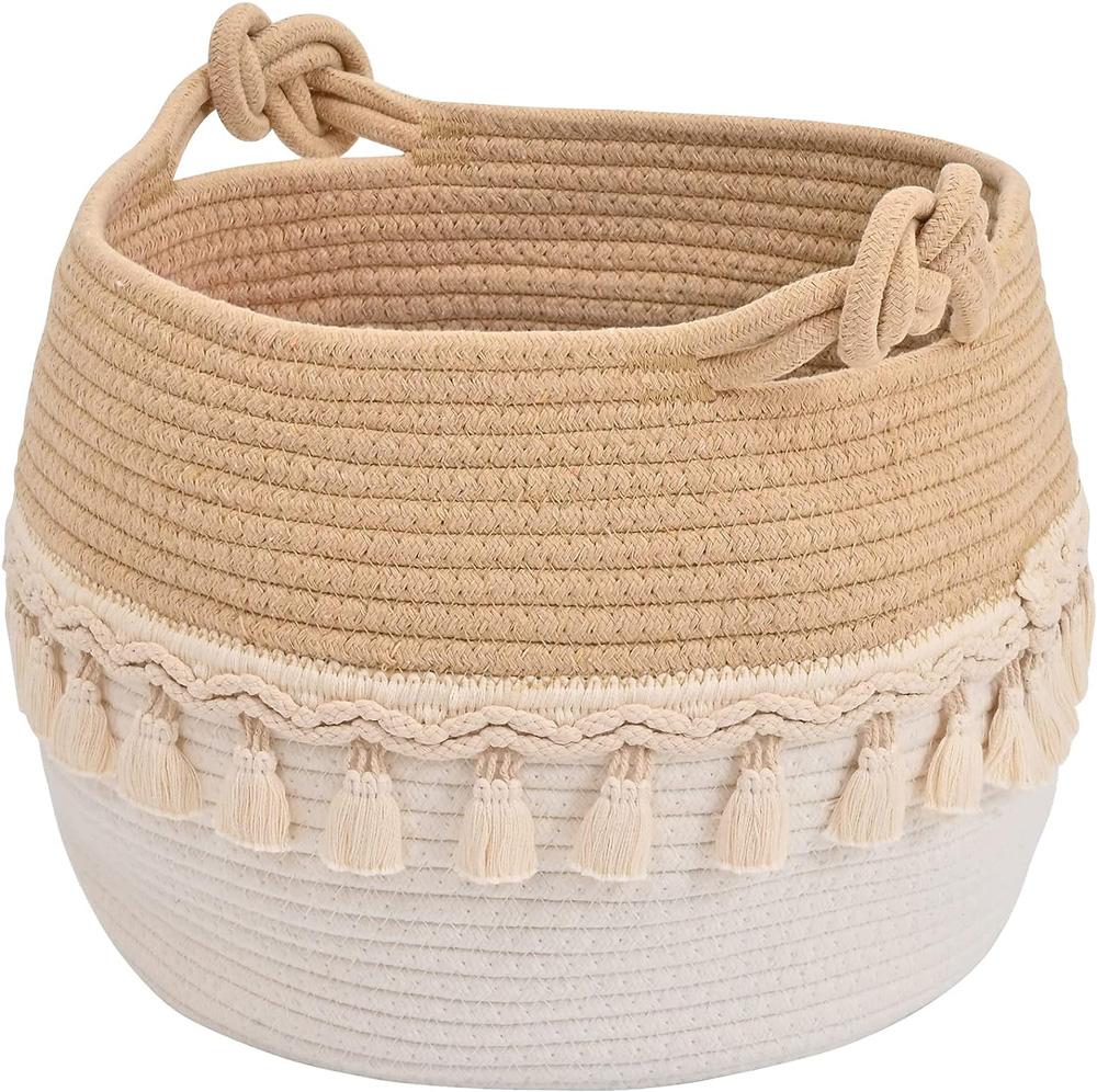 Diapering - BEIDUOLE ตะกร้าเก็บของทำมือทันสมัยจากเชือกฝ้ายทอมือ พร้อมพู่ห้อย สำหรับใส่ขนม เสื้อผ้าสกปรก ของเล่นเด็ก