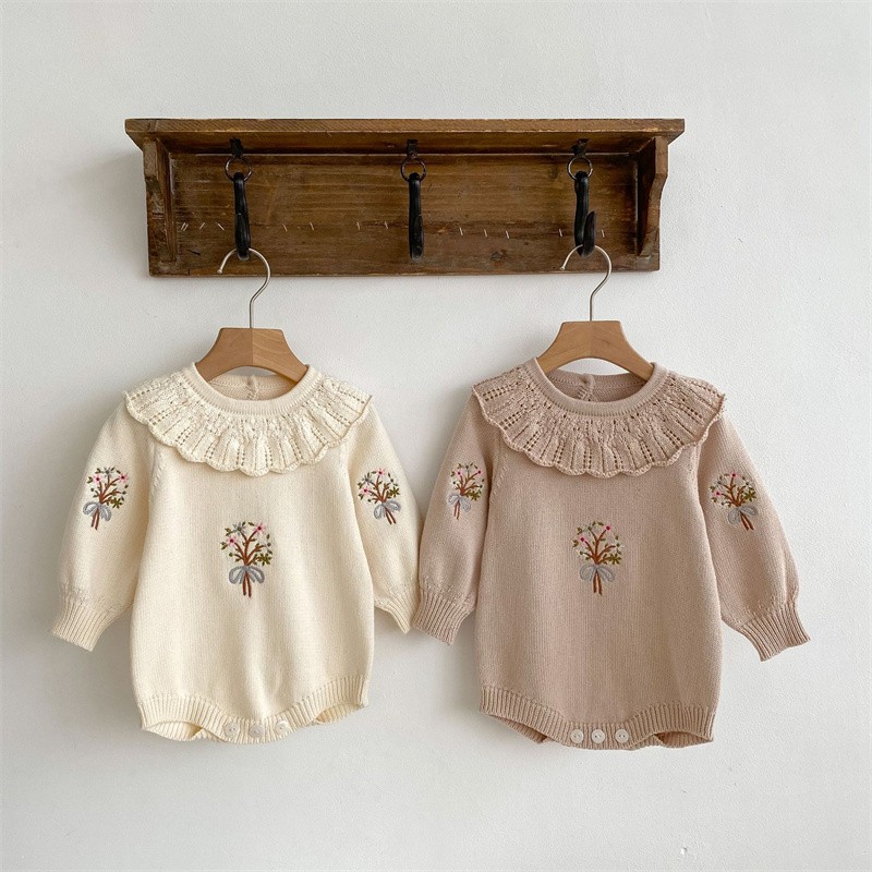 Newborn Baby Girl Romper Floral - ชุดหมีถักฤดูใบไม้ร่วงใหม่สำหรับเด็กผู้หญิงบอดี้สูทคอปกดอกบัวจั๊มสูทเด็กแขนยาวเสื้อผ้าหลวมสำหรับเด็กทารก