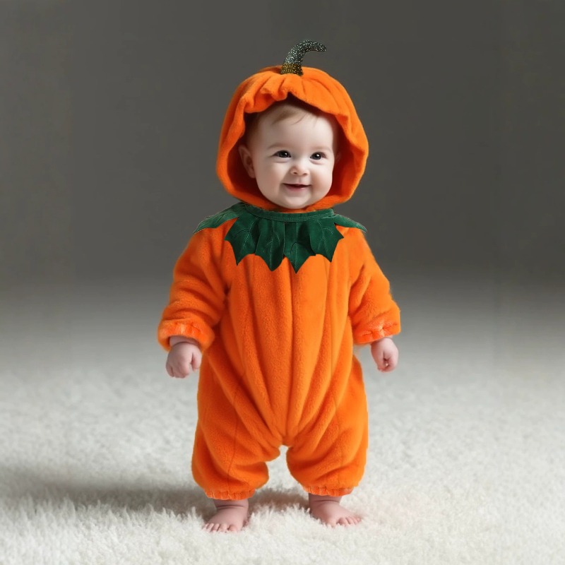Cotton Baby Onesies Zipper - ชุดรอมเปอร์เด็กแรกเกิดลายฟักทองพร้อมฮู้ด ชุดบอดี้สูทฮาโลวีน ชุดจั๊มสูทเด็กเล็ก ชุดนอนผ้าพลัชอุ่นสำหรับฤดูหนาว