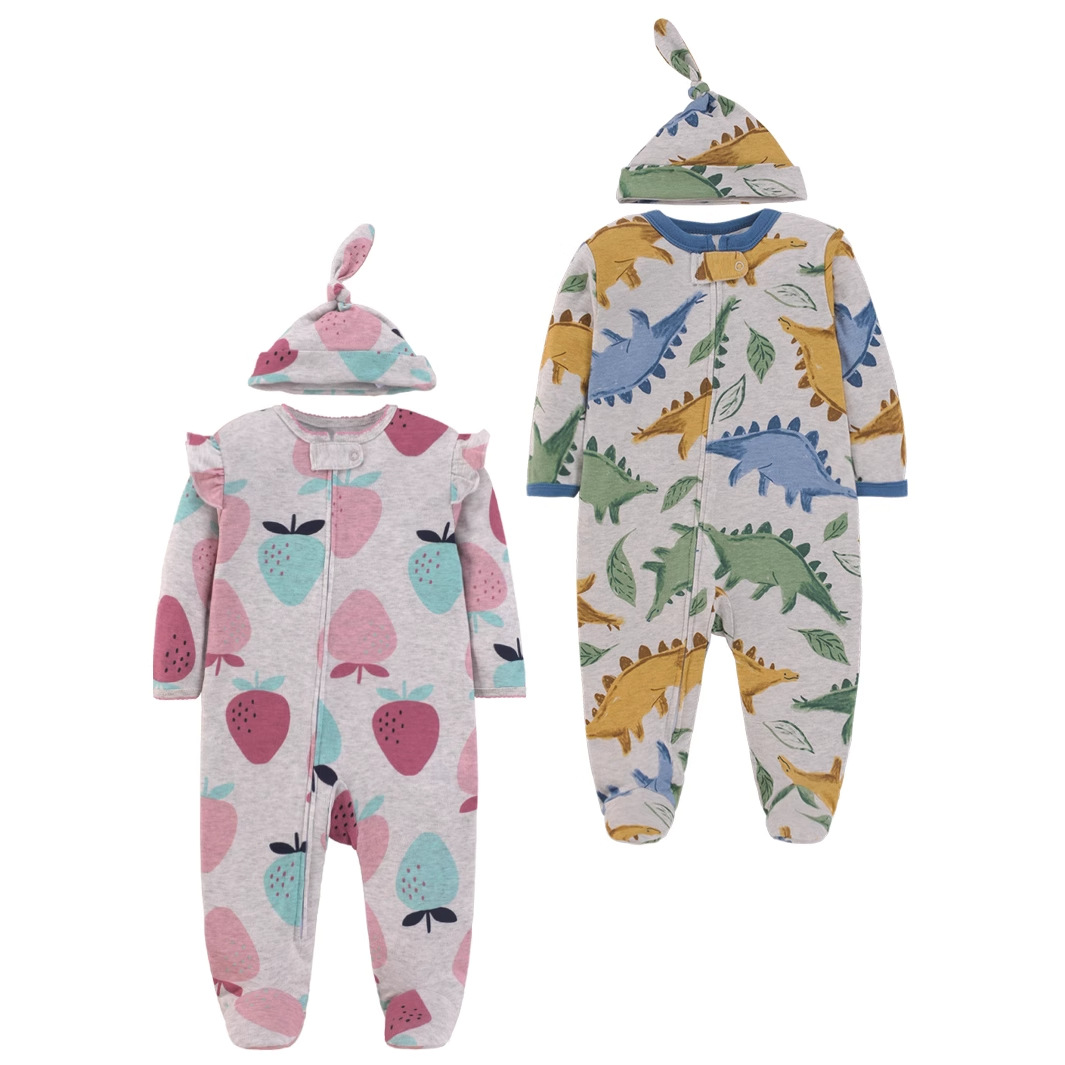 Cotton Baby Onesies Zipper - ชุดนอนเด็กแรกเกิดผ้าฝ้ายแท้ลายการ์ตูน แขนยาว ซิปหน้า แบบรอมเปอร์ นุ่มสบาย ชุดลำลองสำหรับเด็กวัยหัดเดิน