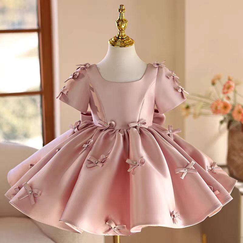 Toddler Girl Tulle Party Dress - ชุดเดรสเด็กผู้หญิงสีชมพู Jill Wish J720 ประดับโบว์ผ้าซาติน แขนสั้น