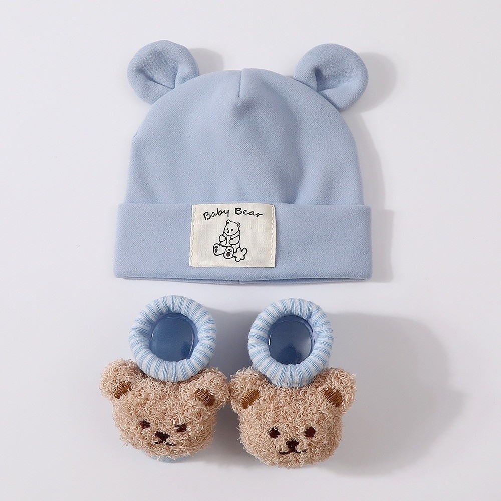 Infant Beanie Hat With Ears - ชุดหมวกและถุงเท้าเด็กน่ารัก 2 ชิ้น/เซ็ต ทำจากผ้าฝ้าย นุ่ม อุ่น