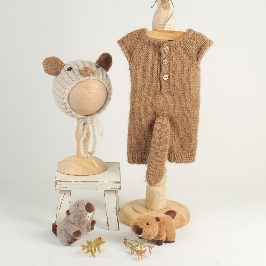 Infant Photography Props Outfit - ชุดอุปกรณ์ถ่ายภาพทารกแรกเกิดแบบถักนิตติ้ง ชุดรอมเปอร์เด็กพร้อมหางและหมวกหู ชุดถ่ายภาพทารก ชุดถ่ายภาพในสตูดิโอ