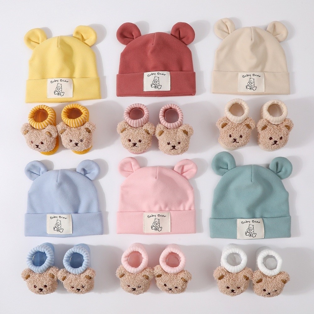 Infant Beanie Hat With Ears - ชุดหมวกและถุงเท้าเด็กอ่อนผ้าฝ้าย 2 ชิ้น หมวกและถุงเท้าสำหรับทารก อบอุ่น ระบายอากาศได้ดี