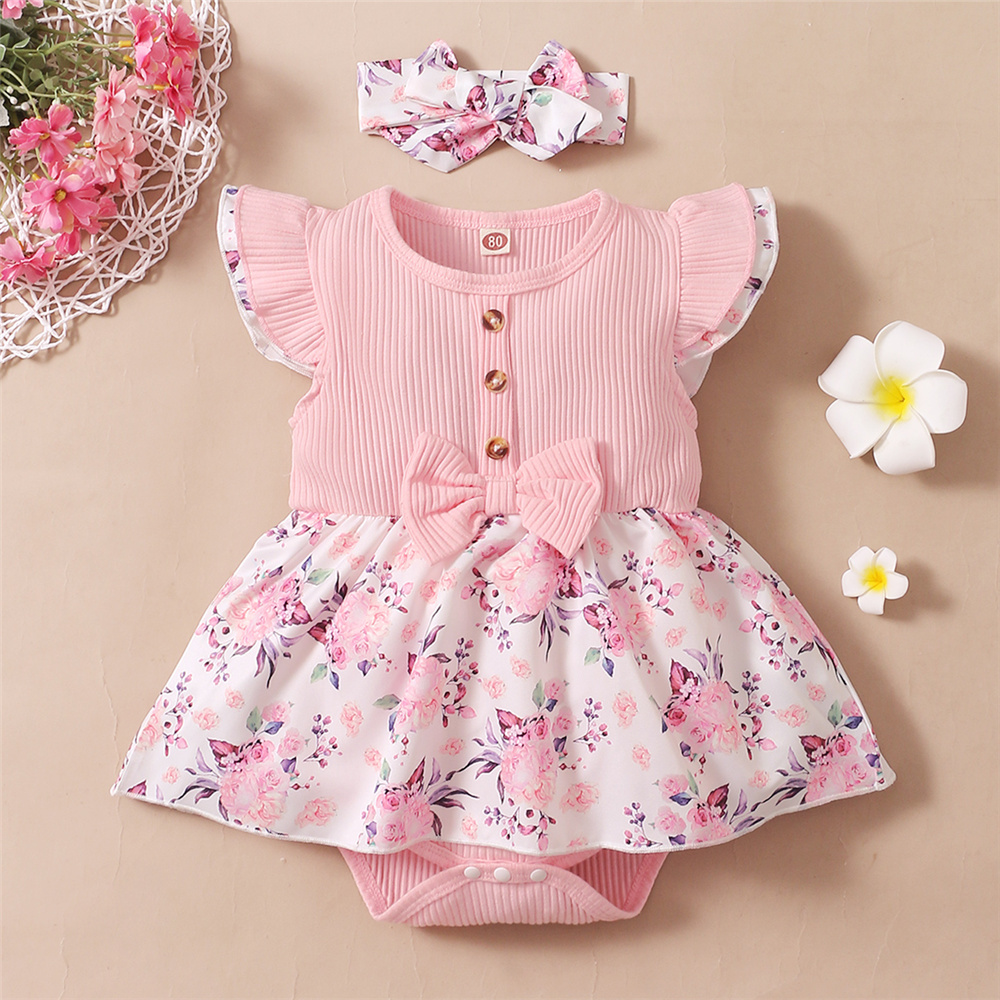 Newborn Baby Girl Romper Floral - 0-18เดือนชุดชั้นนอกลายดอกไม้เด็กผู้หญิงทารกชุดแขนยาวฤดูร้อน Ribbed Jumpsuit Headband ทารกแรกเกิดสาว2PCS ชุด