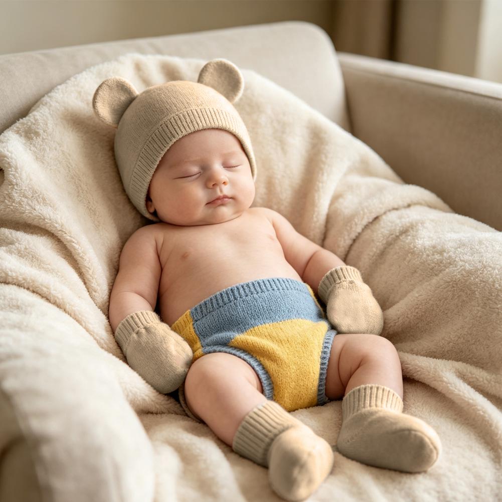 Infant Beanie Hat With Ears - ชุดหมวกและถุงมือป้องกันรอยขีดข่วนสำหรับทารกแรกเกิด หมวกผ้าฝ้ายลายหูหมีพร้อมถุงมือป้องกันรอยขีดข่วนสำหรับเด็กแรกเกิด 0-3 เดือน