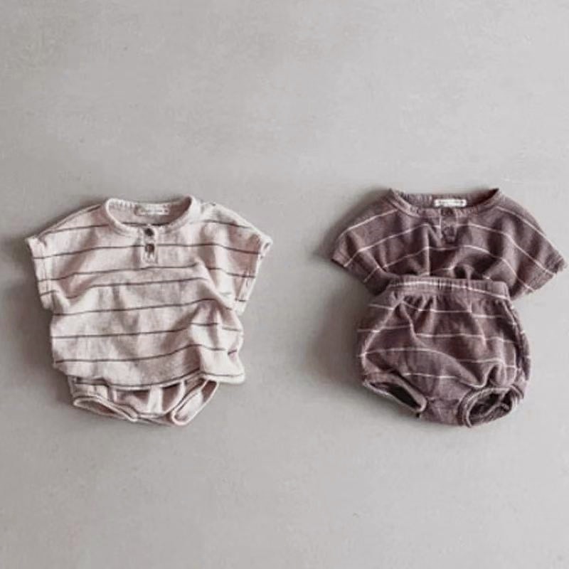 Baby Boy Suit Set Baptism - ชุดเด็กแขนสั้นลายทาง ชุดเซ็ตฤดูร้อนสำหรับเด็กหญิงและเด็กชาย เสื้อ+กางเกงขาสั้น ผ้าวาฟเฟิล เสื้อยืดเด็ก ชุดรับศีลล้างบาป