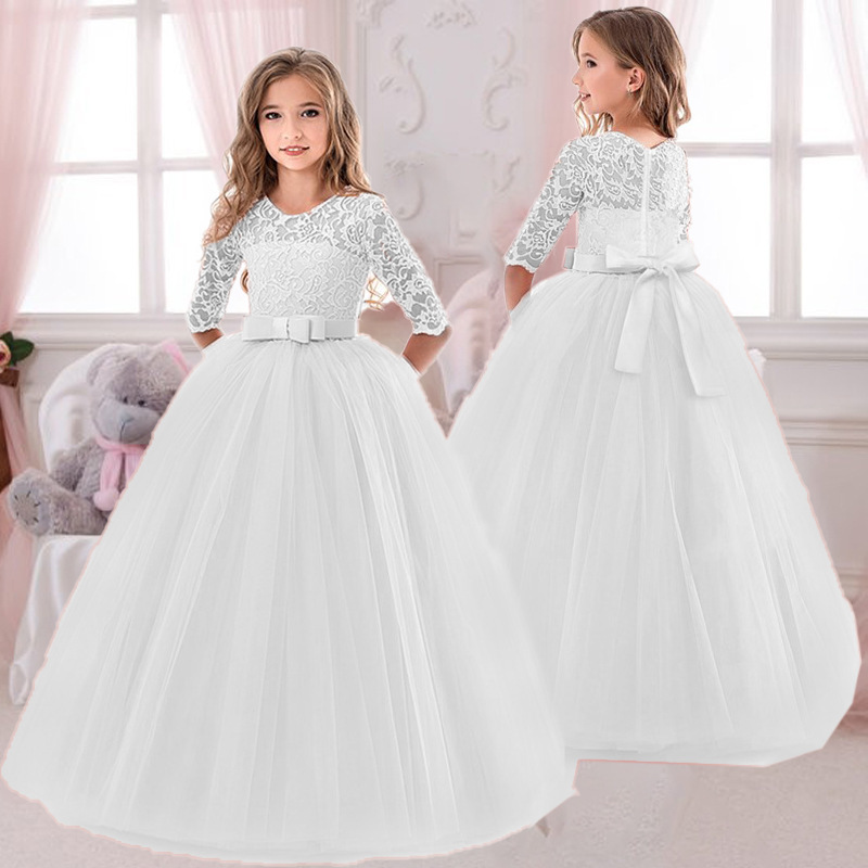 Toddler Girl Tulle Party Dress - สาวลูกไม้ปักชุดเจ้าหญิงโบว์แขนยาวTulleชุดสําหรับเด็กวัยหัดเดินFirst Communionเพื่อนเจ้าสาวงานแต่งงานวันเกิดParty